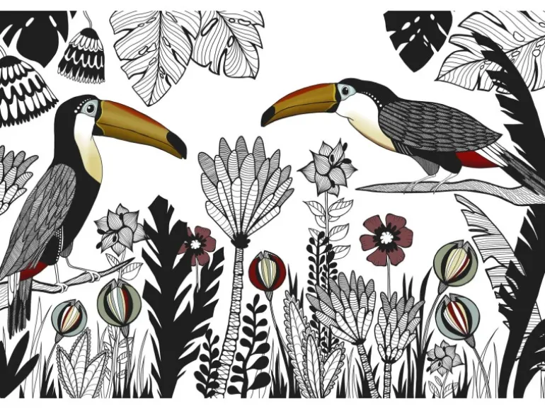 Fototapete Vögel Pflanzen Weiß Schwarz Rot Gelb 4,00 m x 2,70 m FSC®