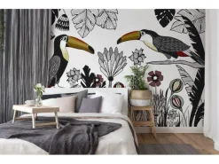 Fototapete Vögel Pflanzen Weiß Schwarz Rot Gelb 4,00 m x 2,70 m FSC®