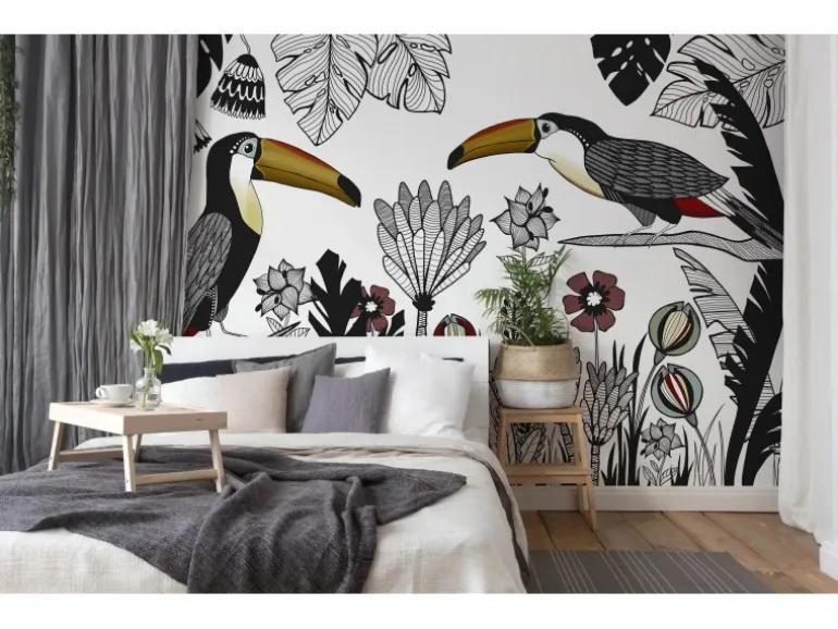 Fototapete Vögel Pflanzen Weiß Schwarz Rot Gelb 4,00 m x 2,70 m FSC®