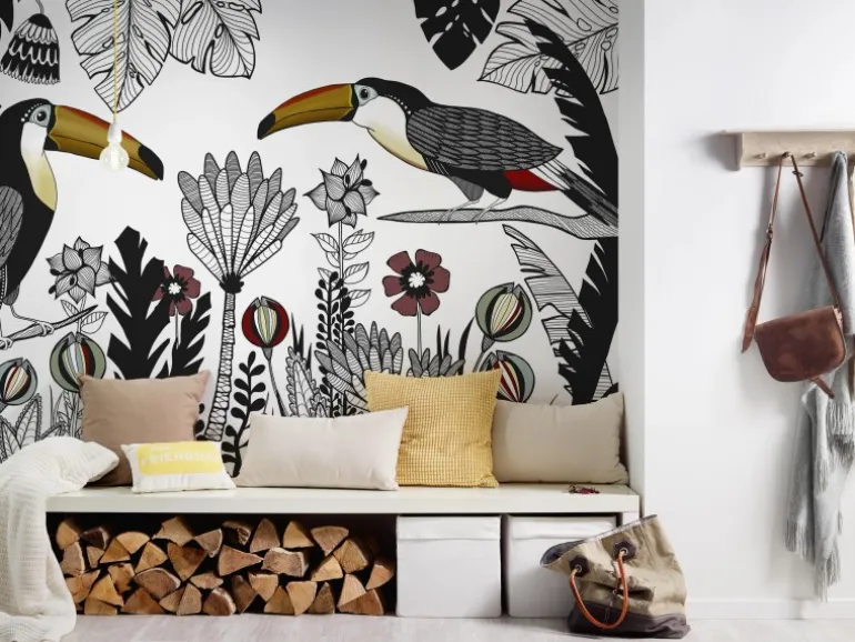 Fototapete Vögel Pflanzen Weiß Schwarz Rot Gelb 4,00 m x 2,70 m FSC®