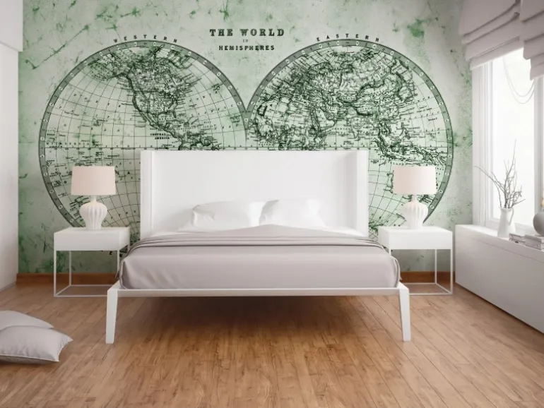 Fototapete Weltkarte Grün Grau Weiß 3,50 m x 2,55 m FSC®