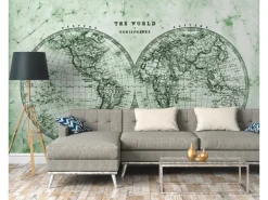 Fototapete Weltkarte Grün Grau Weiß 3,50 m x 2,55 m FSC®