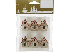 Holzclips 6er-Pack mit Haus 3,5 cm Natur/Rot