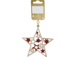 Holzstern zum Hängen mit Glitter 10,5 cm Rot/Natur
