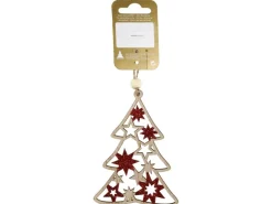 Holztannenbaum zum Hängen mit Glitter 10,5 cm Rot/Natur