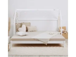 Homestyle4u Hausbett 90x200 mit 2 Matratzen Ausziehbar in Weiß 2719