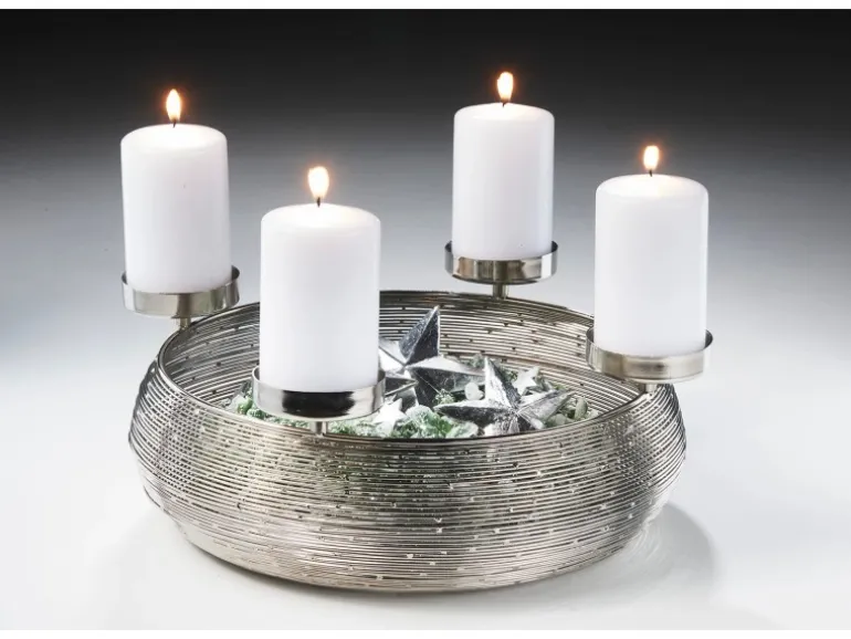 Kobolo Dekokranz Adventskranz aus Metall Silber mit Schale für 4 Kerzen