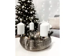 Kobolo Dekokranz Adventskranz aus Metall Silber mit Schale für 4 Kerzen