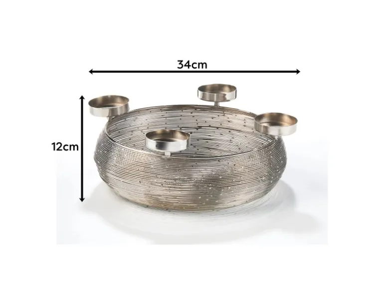 Kobolo Dekokranz Adventskranz aus Metall Silber mit Schale für 4 Kerzen
