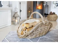 Kobolo Kaminholzkorb Kubu grey aus Rattan mit Henkel und Leinen