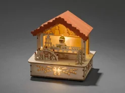 Konstsmide LED Holzsilhouette Marktstand Naturfarben orangenes Dach