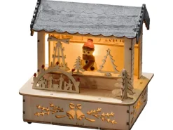 Konstsmide LED Holzsilhouette Marktstand Naturfarben graues Dach