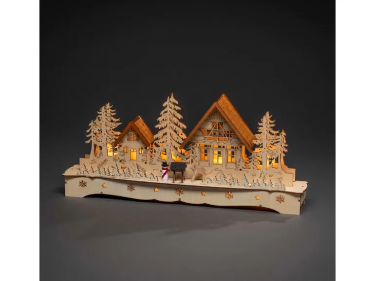 Konstsmide LED-Holzsilhouette Dorf mit Schneemann und Rentier 9 LEDs Warmweiß