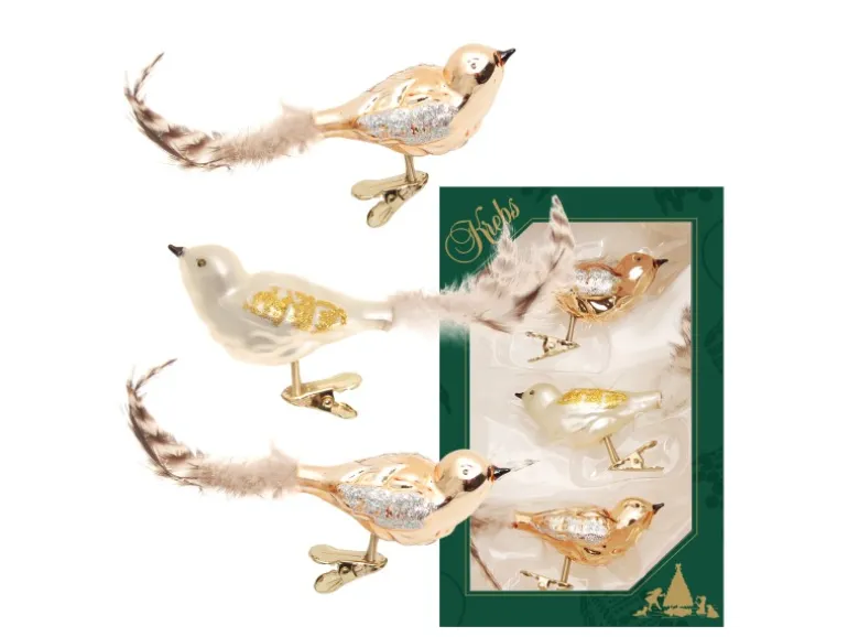 Krebs Glas Lauscha Baumschmuck Waldvögel Ivory Goldfarbig 9cm