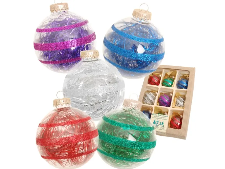 Krebs Glas Lauscha Weihnachtskugeln Glitterstreifen mit Tinsel Mehrfarbig 7cm