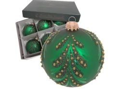 Krebs Glas Lauscha Weihnachtskugeln Grün mit Baumdesign 6er Set 8cm