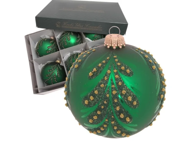 Krebs Glas Lauscha Weihnachtskugeln Grün mit Baumdesign 6er Set 8cm