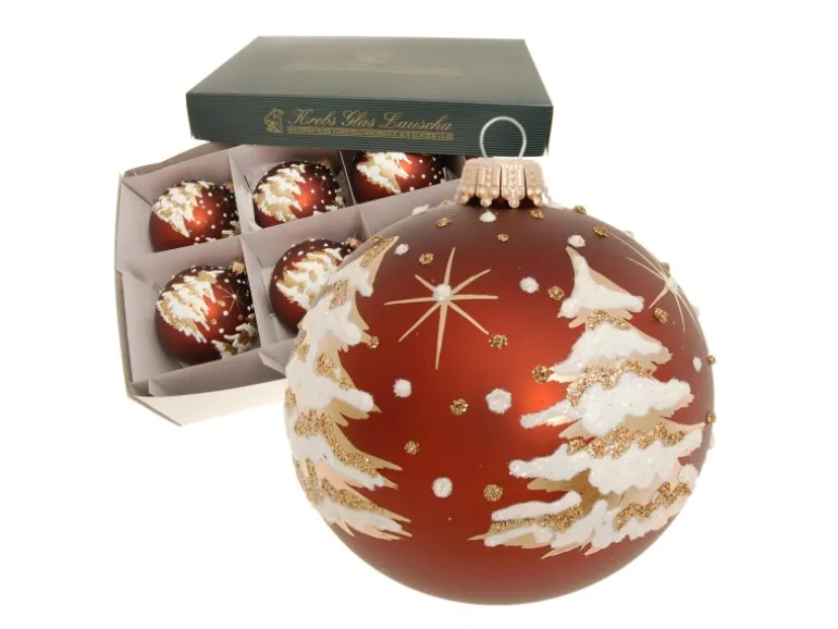 Krebs Glas Lauscha Weihnachtskugeln Braun mit Baumdekor 6er Set 8cm