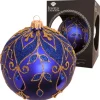 Krebs Glas Lauscha Weihnachtskugel Strassdesign Blätterranken Blau 10cm