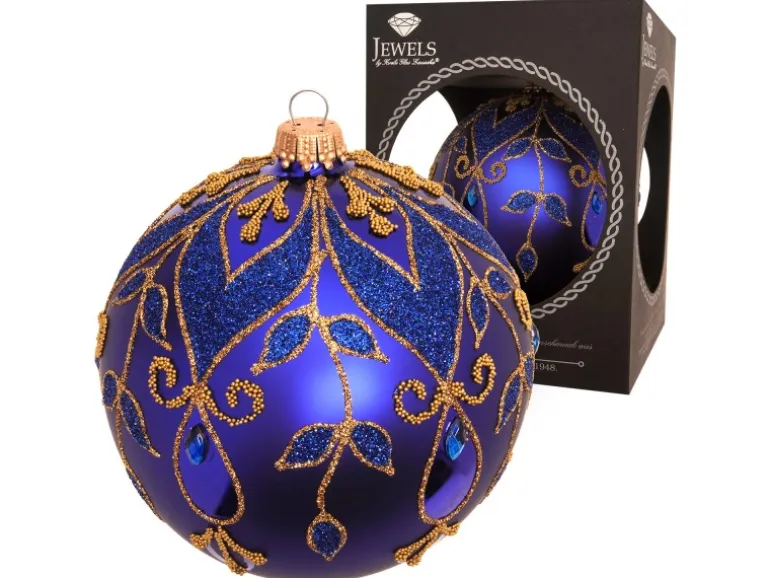 Krebs Glas Lauscha Weihnachtskugel Strassdesign Blätterranken Blau 10cm