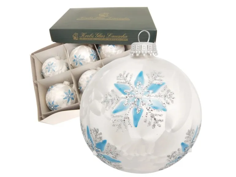 Krebs Glas Lauscha Weihnachtskugeln Eisweiß mit Schneeflocken 6er Set 8cm