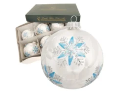 Krebs Glas Lauscha Weihnachtskugeln Eisweiß mit Schneeflocken 6er Set 8cm
