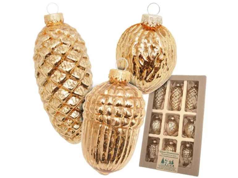 Krebs Glas Lauscha Weihnachtsornamente Zapfen und Nüsse Effektgold 9-tlg. 5cm