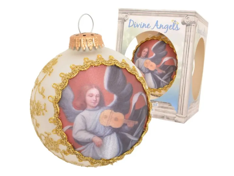 Krebs Glas Lauscha Weihnachtskugel Seidenbild Engel mit Geige Weiß 8cm