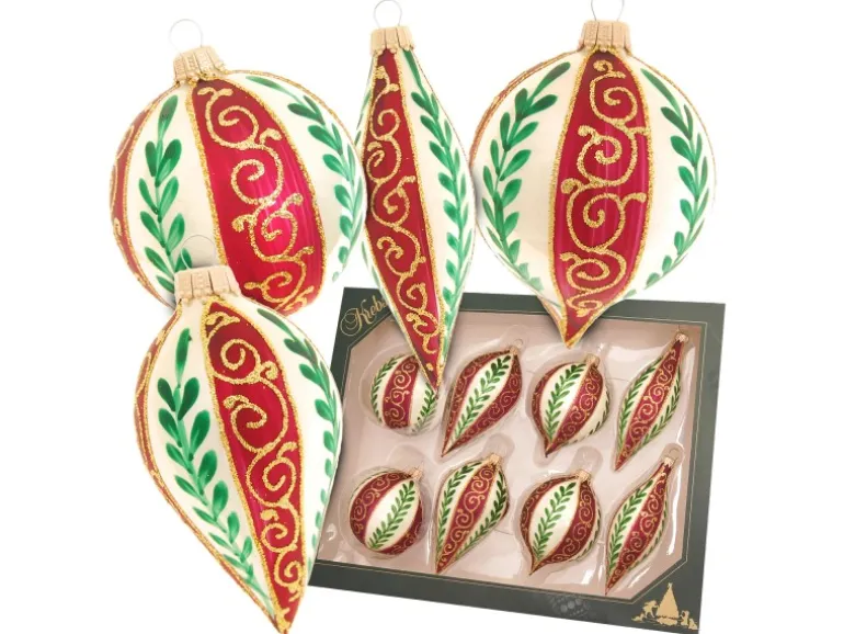 Krebs Glas Lauscha Weihnachtskugeln Lia mit Blätterranken Beige 7cm