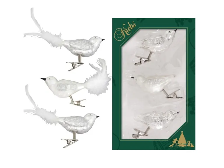 Krebs Glas Lauscha Weihnachtsornamente Vögel Silber 3er-Set 7cm