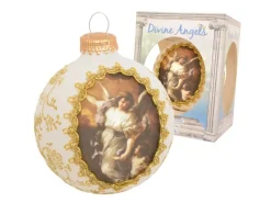 Krebs Glas Lauscha Weihnachtskugel Seidenbild Engel und Engelskind Weiß 8cm