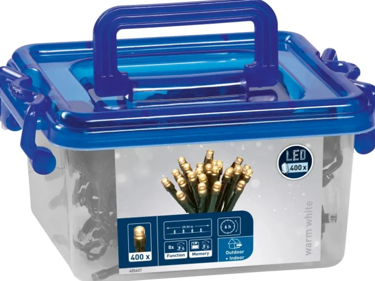 LED Lichterkette 400 warmweiße LEDs in Box grünes Kabel innen und außen