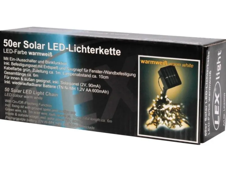 Lex 50er Solar LED Lichterkette Innen Außen Gartenbeleuchtung Party Outdoor Warmweiß