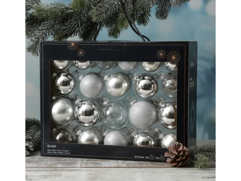 Marelida Christbaumkugel Weihnachtskugel Glas Glänzend Matt Glitzernd Silber 42 Stück