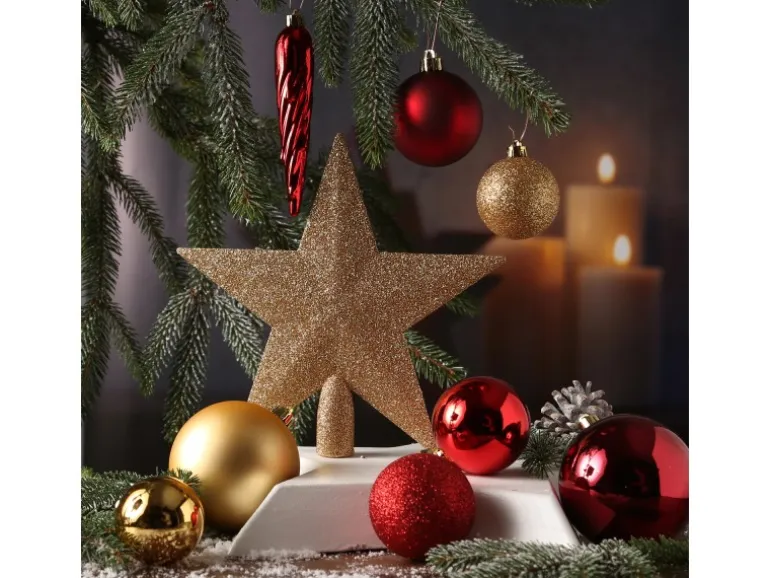 Marelida Christbaumkugeln Weihnachtskugeln Mit Stern Baumspitze Bruchfest Gold Rot 33St