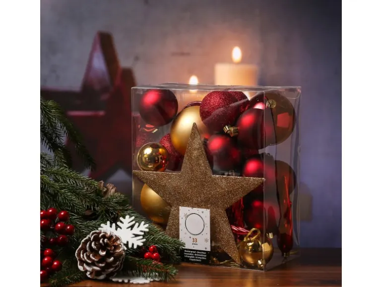 Marelida Christbaumkugeln Weihnachtskugeln Mit Stern Baumspitze Bruchfest Gold Rot 33St