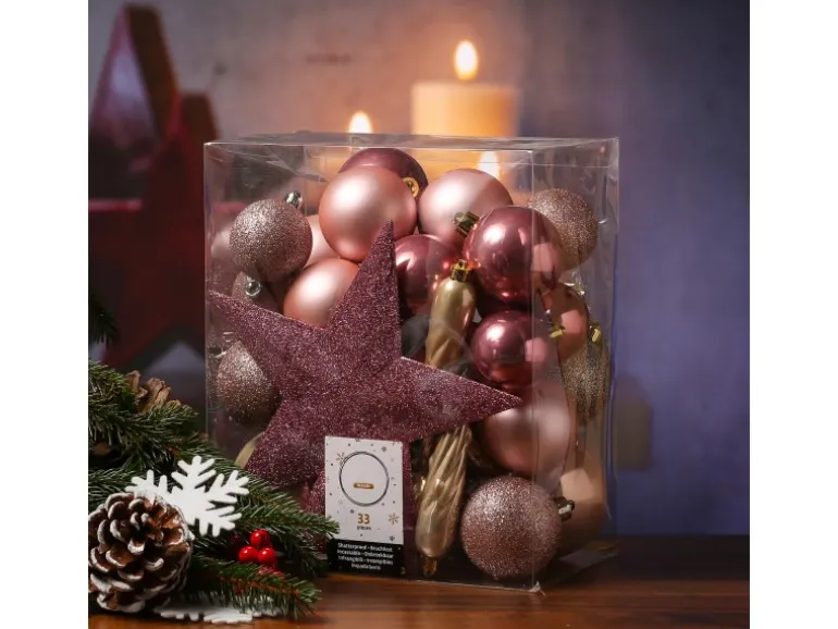 Marelida Christbaumkugeln Weihnachtskugeln Mit Stern Baumspitze Bruchfest Creme Rosa 33St