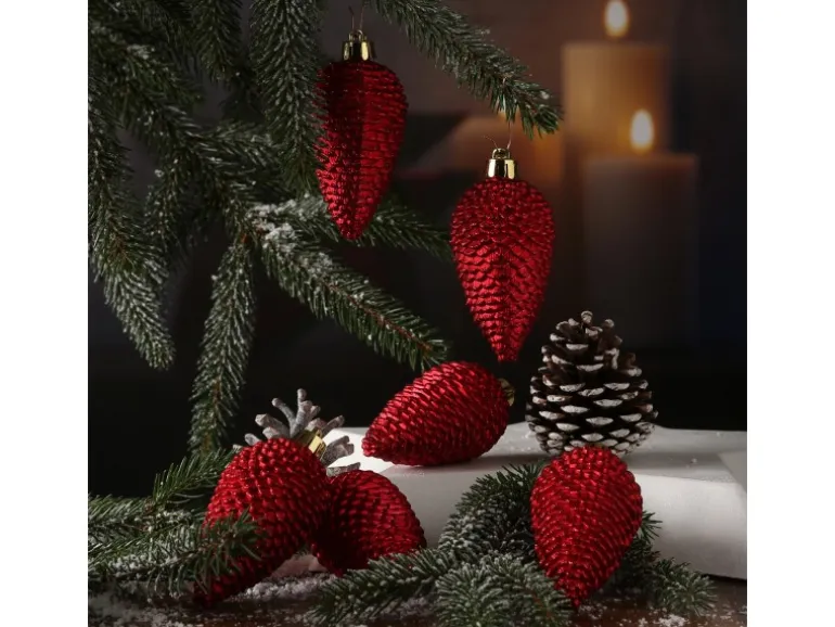 Marelida Christbaumschmuck Baumschmuck Tannenzapfen Bruchfest Glitzernd 8cm Rot 6St