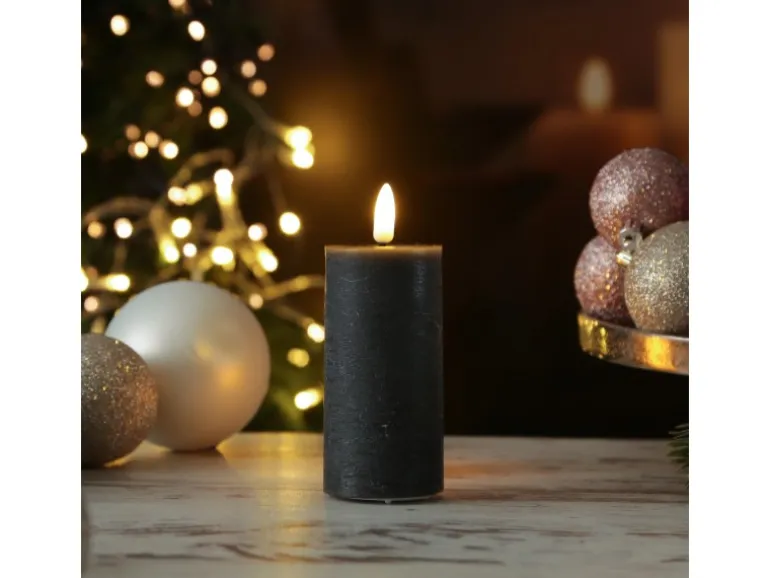 Marelida LED Kerze LINA Rustik Optik Echtwachs Flackernde 3D Flamme Timer H 12,5cm Grau