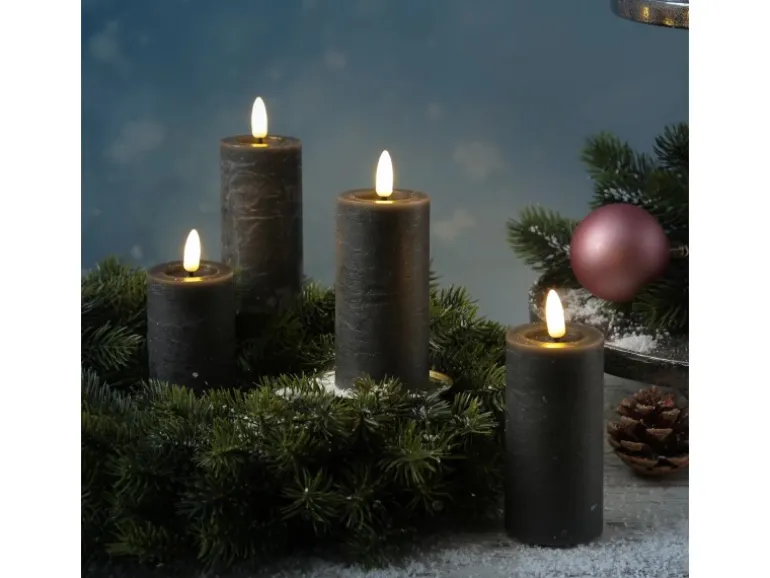 Marelida LED Kerze LINA Rustik Optik Echtwachs Flackernde 3D Flamme Timer H 12,5cm Grau