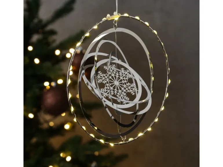 Marelida LED Kreis Mit Schneeflocke 3D Dekohänger Weihnachten Fensterdeko Timer Silber