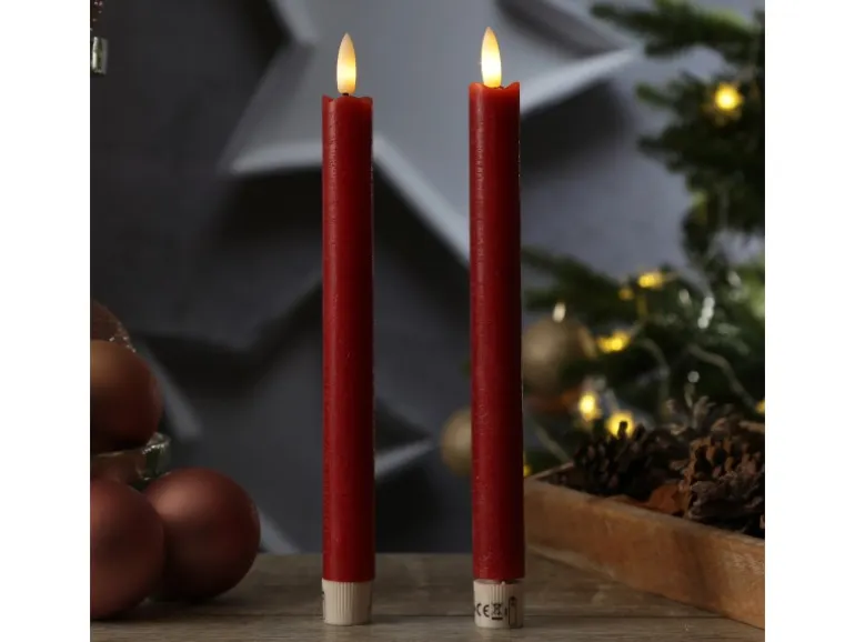 Marelida LED Stabkerzen Tafelkerzen Spitzkerzen Echtwachs Rustik Optik H 24,5cm Rot 2St