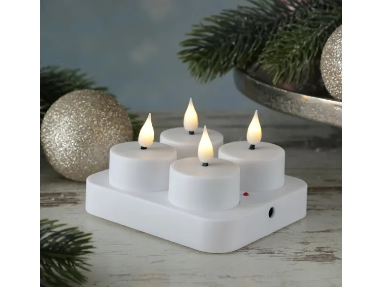 Marelida LED Teelichter 4 Stück Mit Ladestation USB Wiederaufladbar D 4cm Flackernd Weiß