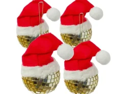 Marelida Weihnachtsbaumschmuck Discokugel Weihnachtsbaumkugel Gold Nikolausmütze 4er Set