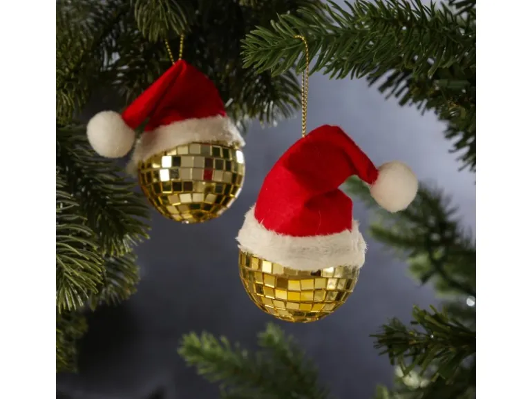 Marelida Weihnachtsbaumschmuck Discokugel Weihnachtsbaumkugel Gold Nikolausmütze 4er Set