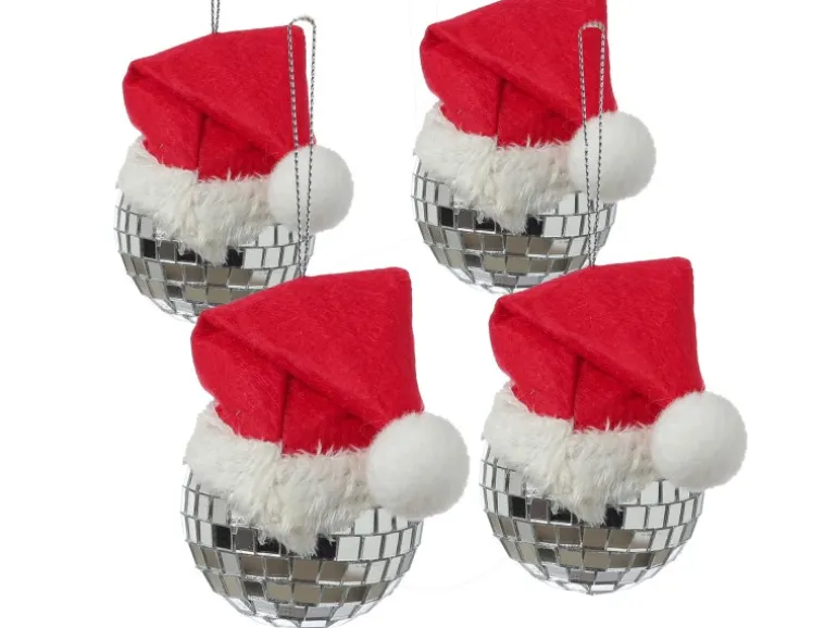 Marelida Weihnachtsbaumschmuck Discokugel Weihnachtsbaumkugel Silber Nikolausmütze 4er Set