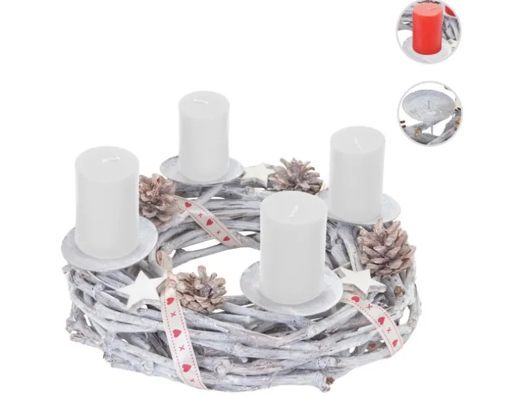 MCW Adventskranz Holz Ø 30cm mit Kerzen Weiß