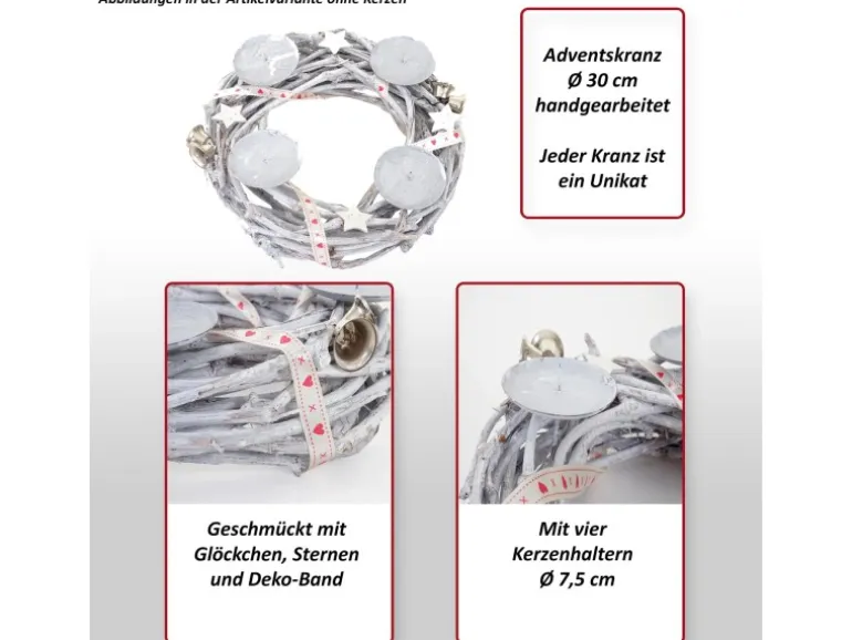 MCW Adventskranz Holz Ø 30cm mit Kerzen Weiß