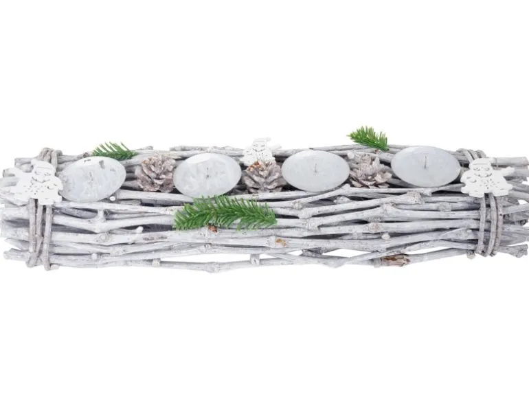 MCW Adventskranz Länglich Holz 60x16x9cm mit Kerzen Weiß