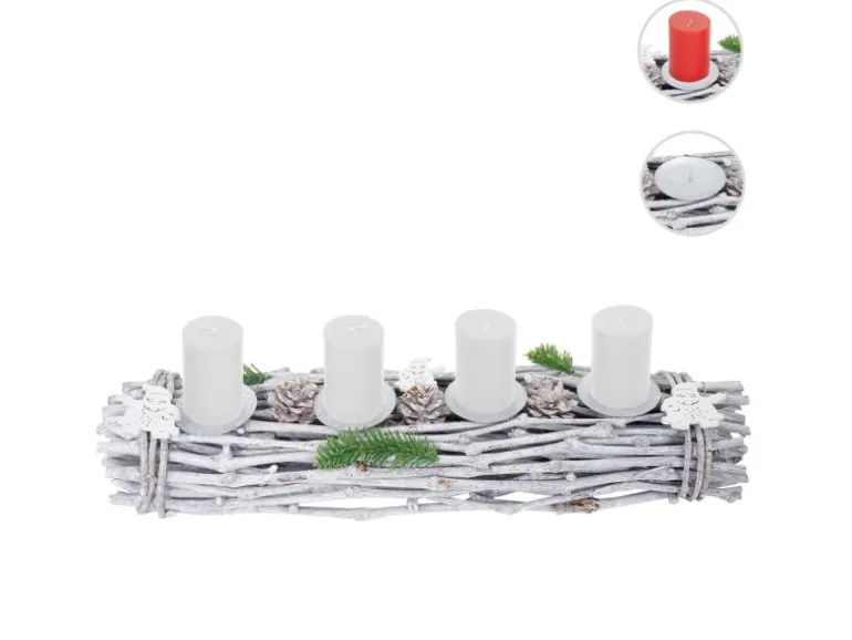 MCW Adventskranz Länglich Holz 60x16x9cm mit Kerzen Weiß